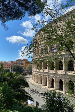 Rome, Italy April 23, 2022: the Colosseum Roman Amphitheater, a monument of architecture of ancient...