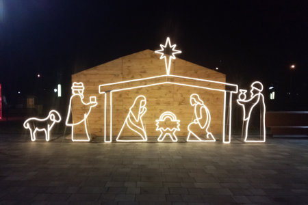 Mariupol, Ukraine January 12, 2022: New Year's and Christmas Ukrainian Mariupol before the war, Nativity Scene before Christmas.のeditorial素材