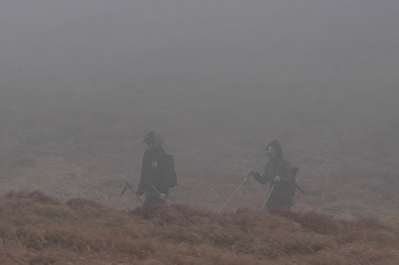 Carpathians, Ukraine September 25, 2021: tourists climb Mount Petros, Mount Petros in fog and snow, tourists in bright clothes, the beginning of winter on Mount Petros.のeditorial素材
