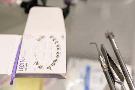 Ivano-Frankivsk, Ukraine February 3, 2022: system of dental braces before installation on teeth, brackets legend.のeditorial素材