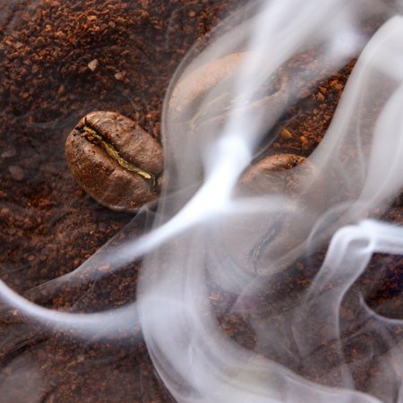 Three coffee beans lie on ground coffee, light aromatic coffee smoke, close-up and copy space.の写真素材