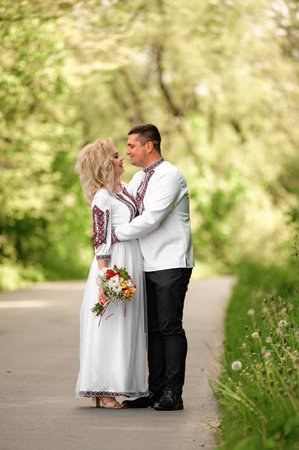 Ivano-Frankivsk, Ukraine May 25, 2021: a portrait of a couple in love in Ukrainian national clothes, Vyshyvantsi, bridal walkのeditorial素材
