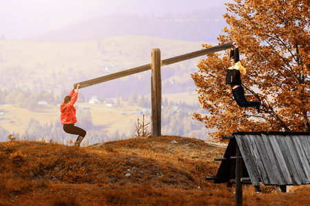 Colorful swing for two in the Carpathians, Carpathian landscapes, manual swing. Autumn landscape in...