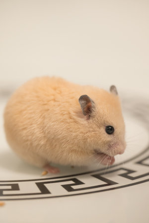 Peach colored hamster running on table with reflection, fluffy pet, hamster in paws holding and eating grain.の写真素材