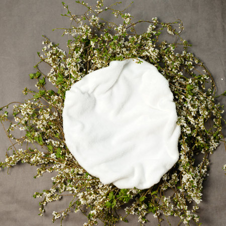 Flower tree with twigs in circle shape with white background, decoration for newborn photo.の写真素材
