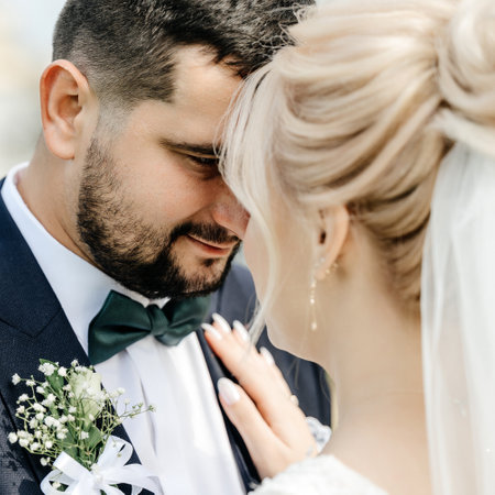 Ivano-Frankivsk, Ukraine October 2, 2021: portrait of the bride and groom during a walk, a happy and married couple.のeditorial素材