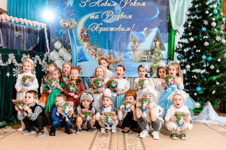 Ivano-Frankivsk, Ukraine December 22, 2021: New Year's holiday for children in kindergarten, kindergartens of Ukraine.のeditorial素材