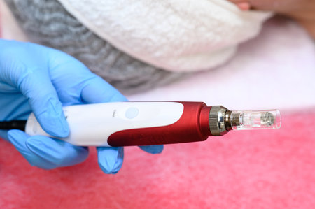Cosmetology device for mesotherapy dermapen close-up, dermapen device for facial rejuvenation.のeditorial素材