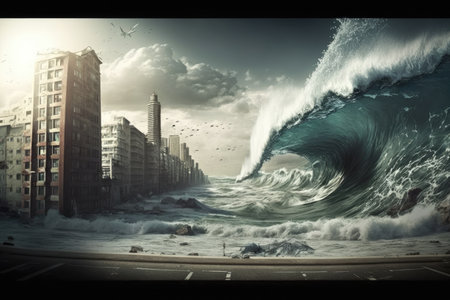 A large wave of water is approaching the city, a tsunami is a large natural phenomenon in the sea and ocean, Generative AI.の素材
