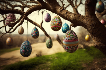 Easter eggs hanging on a tree, Easter greeting card template, Easter spring religious holiday, Generative AI.の素材