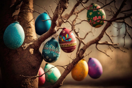 Easter eggs hanging on a tree, Easter greeting card template, Easter spring religious holiday, Generative AI.の素材