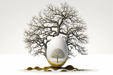 egg as tree of life, egg and tree on white background, copy space and idea of family tree, tree without leaves, Generative AI,の素材
