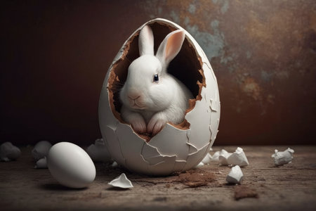 White rabbit in broken white chocolate egg, easter motif and copy space, hare with egg on gray background, Generative AI.の素材