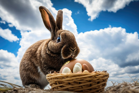 Symbols of Easter holidays, a hare sits in a basket against the sky, Easter eggs are near the basket, brown easter bunny, Generative AI.の素材