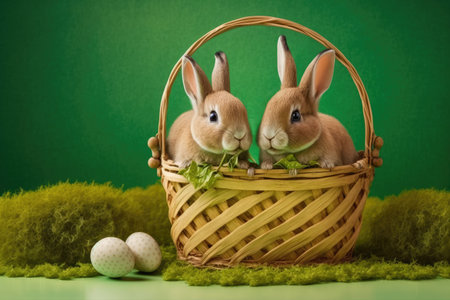 Two bunnies sit in a wooden basket on a green background, bunnies as one of the symbols of Easter holidays, Generative AI.の素材
