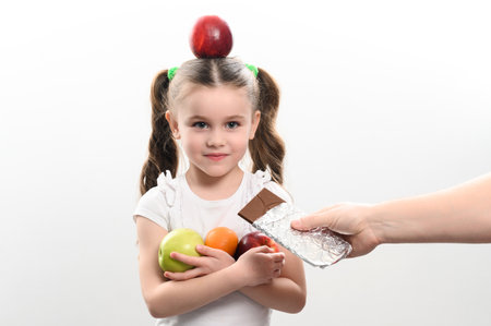 Portrait of a child with an apple on his head and fruits in his hands on a white background, a girl with fruits is offered chocolate, healthy and unhealthy food, vitamins and calories.の写真素材