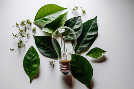 electric light bulb on a white background with green leaves, green energy and environmental protection, Generative AI.の素材