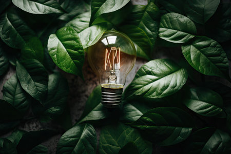 electric light bulb on a white background with green leaves, green energy and environmental protection, Generative AI.の素材