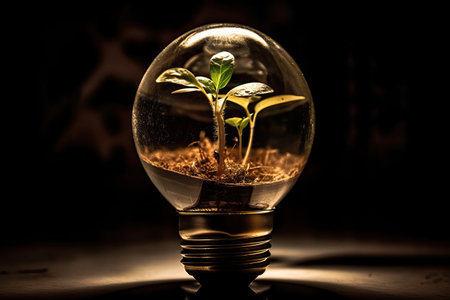 A small tree grows in an electric light bulb, the concept of green energy and earth conservation, renewable energy for people, Generative AI.の素材