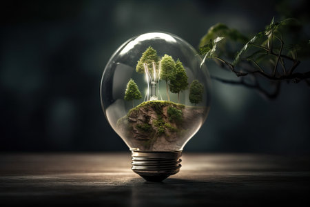 A small tree grows in an electric light bulb, the concept of green energy and earth conservation, renewable energy for people, Generative AI.の素材