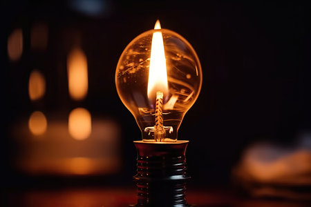 Concept with an electric light bulb and a candle on a black background, a candle in an electric light bulb.の素材
