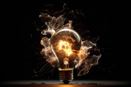 electric light bulb explodes and flies away on black background, concept of the end of the era of incandescent light bulbs, Generative AI.の素材