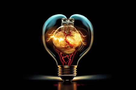 A light bulb in the shape of a heart on a black surface, heart shape on a black background, Generative AI.の素材