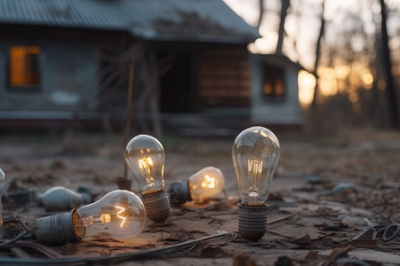 Environmental pollution with electric light bulbs, broken light bulbs in the house, Generative AI.の素材