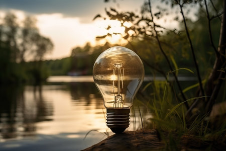 Pollution of the environment with electric light bulbs, a light bulb on the bank of the river, Generative AI.の素材