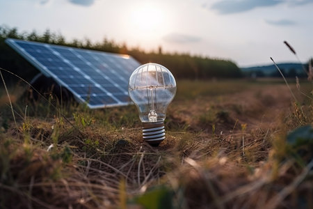 electric light bulb in the grass on the background of solar panel and sky, green and eco-friendly energy for people, Generative AI.の素材