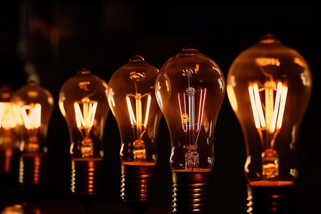 One row of electric light bulbs glowing on a black background, electric light bulbs of the past, Generative AI.の素材