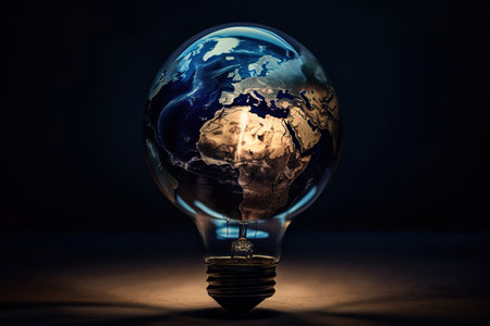 Planet earth in electric light bulb on black background, concept of environmental danger in the world, energy and planet, Generative AI.の素材