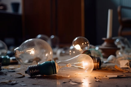 Environmental pollution with electric light bulbs, broken light bulbs in the house, Generative AI.の素材