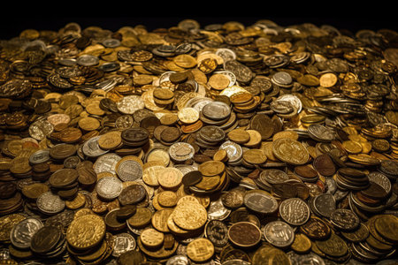 Background of ancient coins scattered in a pile. Financial background of golden coins and black background. Generative AI.の素材