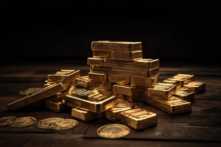 Gold coins with gold bars on black background, Gold bars, Currency growth concept, Generative AI.の素材