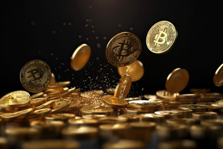 Rain of gold bitcoin coins on black background, future money, electronic currency, Generative AI.の素材