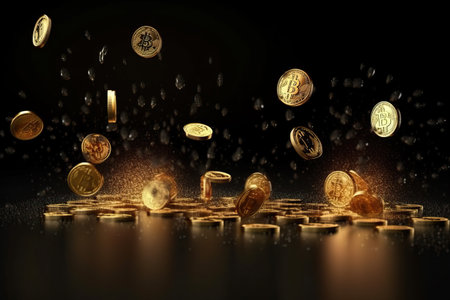 Rain of gold bitcoin coins on black background, future money, electronic currency, Generative AI.の素材