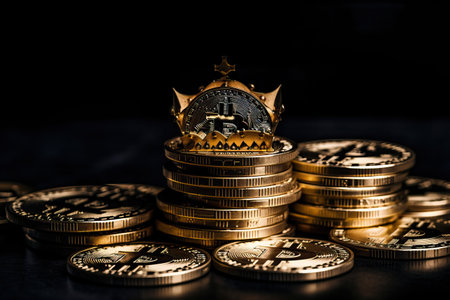 Gold bitcoin coin with crown on black background and scattered cryptocurrency coins, bitcoin wears the crown Generative AI.の素材