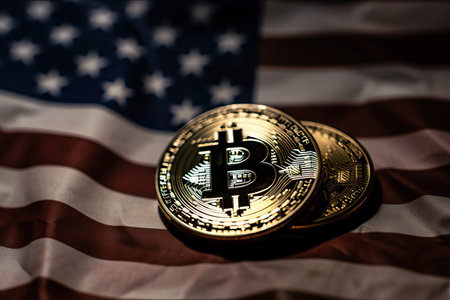 Bitcoin on the background of the American flag, bitcoin coin and American flag, gold cryptocurrency coin, Generative AI.の素材