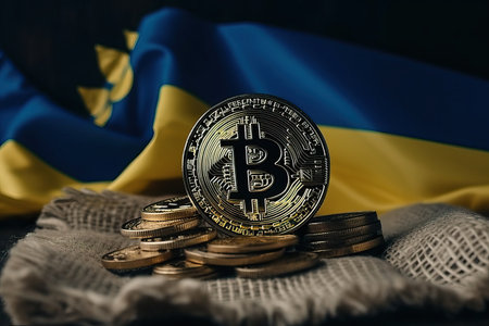 Bitcoin coin on the background of the Ukrainian flag, virtual currency, cryptocurrency and bitcoin, Generative AI.の素材