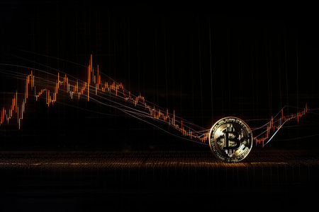 Bitcoin gold coin on the background of the rising graph, cryptocurrency exchange market, Generative AI.の素材