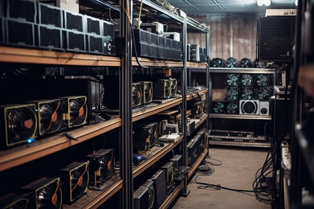 Cryptocurrency mining farms, video cards are on the shelves for mining, working with cryptocurrency, Generative AI.の素材
