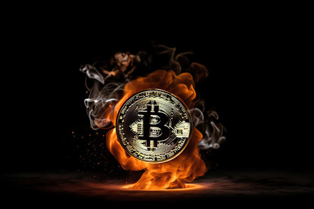 Fire around bitcoin coin on black background, virtual cryptocurrency system, Stock market, digital gold money and stock business, Generative AI.の素材