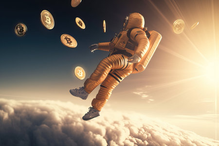 Bitcoin coins fly in space with an astronaut, bitcoin exploration in space, Generative AI.の素材