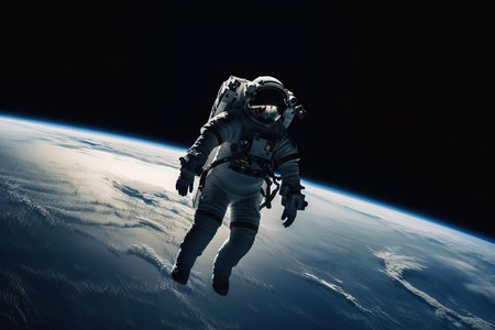 Cosmonaut in a spacesuit flying in outer space near the orbit of the planet Earth, space expedition, generative AI.の素材
