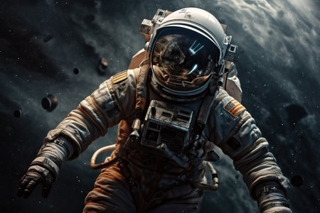 Cosmonaut in a spacesuit flying in outer space near the orbit of the planet Earth, space expedition, generative AI.の素材
