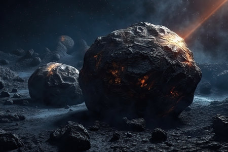 Stones of meteorites, asteroids on the surface of the planet, science astronomy and cosmic bodies, generative AI.の素材