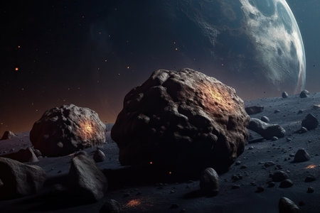 Stones of meteorites, asteroids on the surface of the planet, science astronomy and cosmic bodies, generative AI.の素材