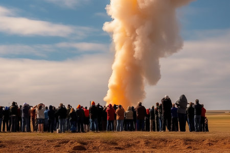 A group of people watch a rocket launch into space on the horizon, smoke and a silhouette of people, Generative AI.の素材