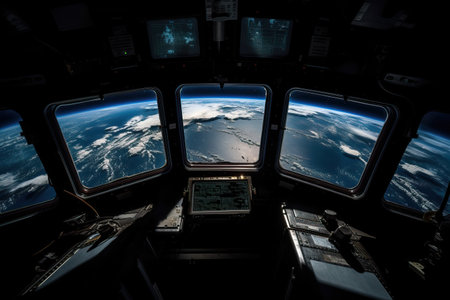 View from the window of the spaceship to planet Earth, spaceship in outer space, generative AI.の素材